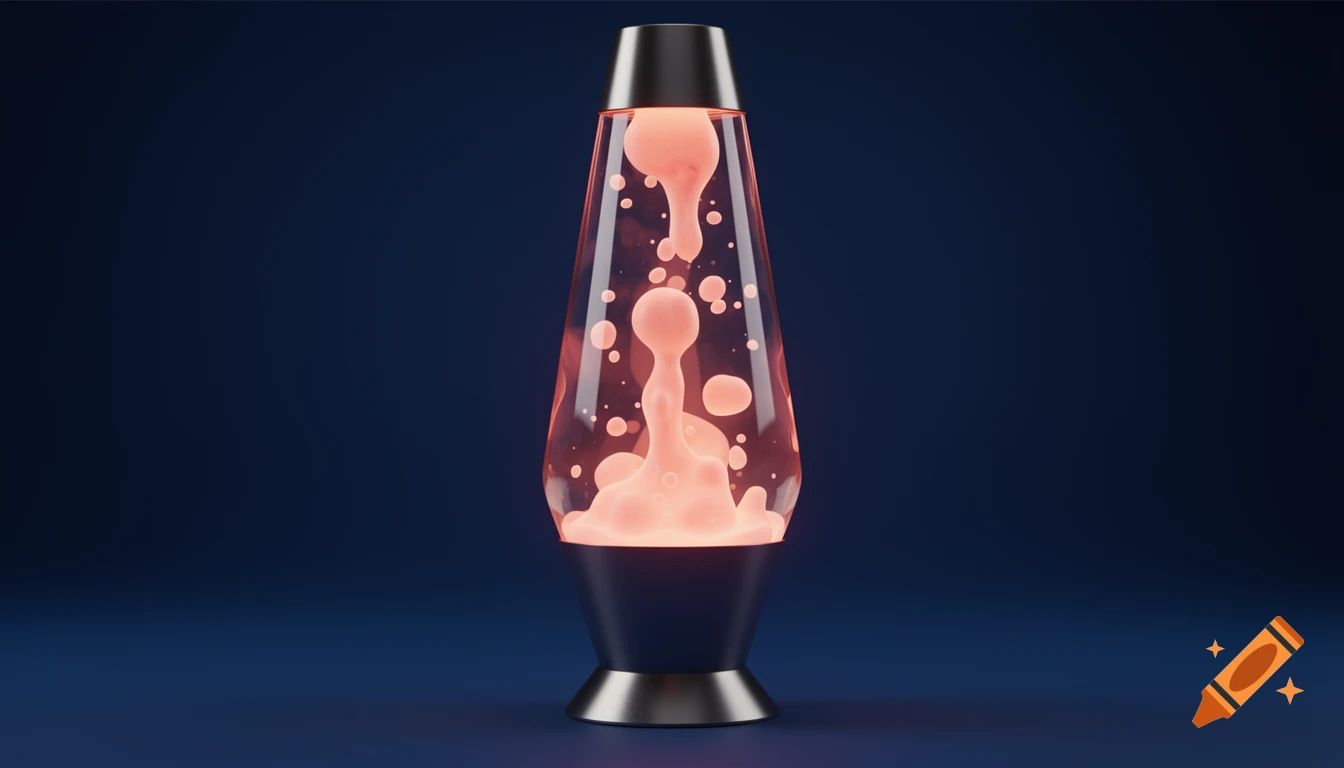 A lava lamp with glowing pink wax inside, set against a dark blue background.