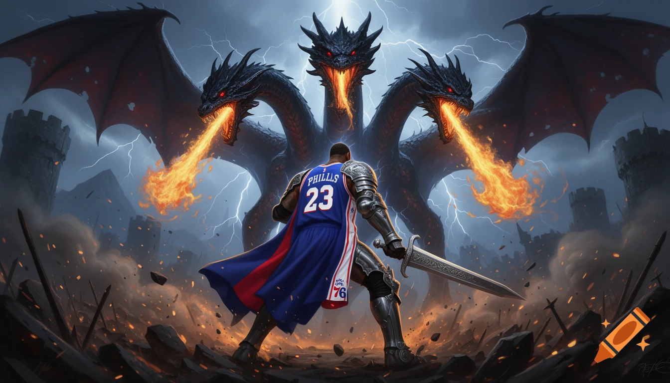 A knight in a blue basketball jersey labeled 'PHILLS 23' faces a massive three-headed dragon breathing fire in a ruined landscape.