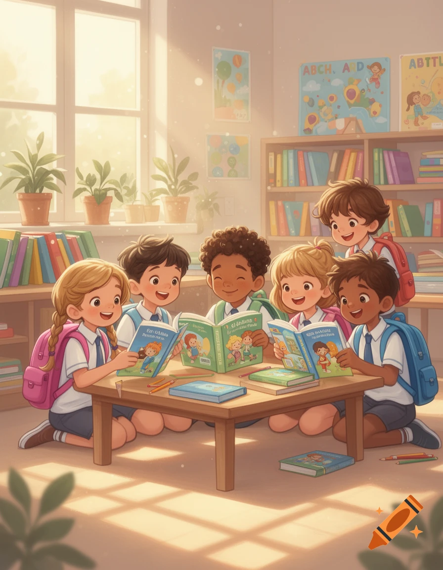 An illustrated classroom scene with diverse young children sitting around a low wooden table reading books.