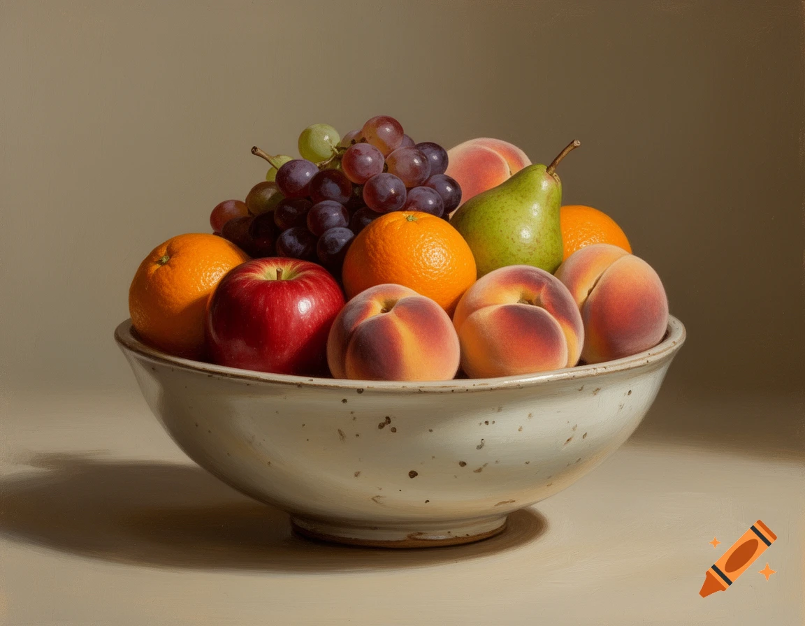 Realistic oil painting of a bowl of assorted fresh fruit including apples, grapes, peaches, pears, and oranges on a beige background.