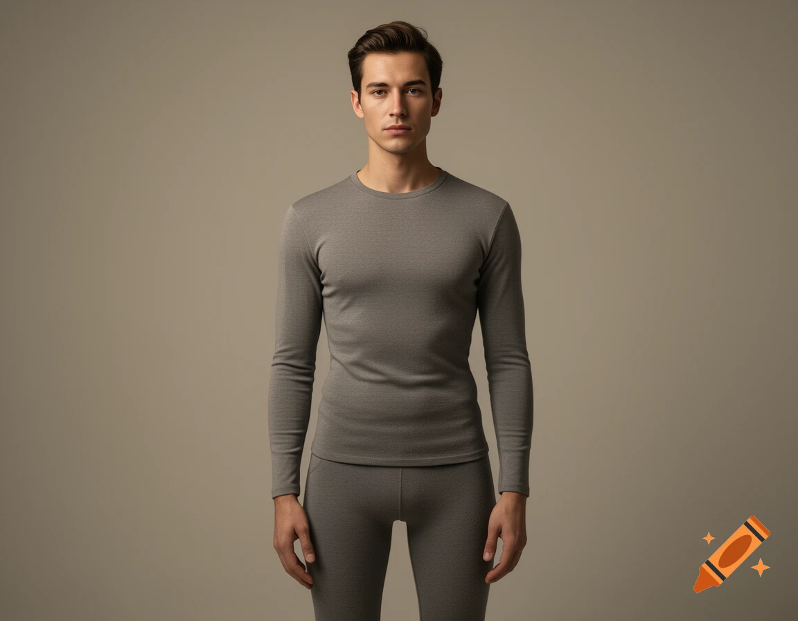 Photorealistic studio portrait of a man wearing a grey thermal shirt and matching leggings against a neutral background.