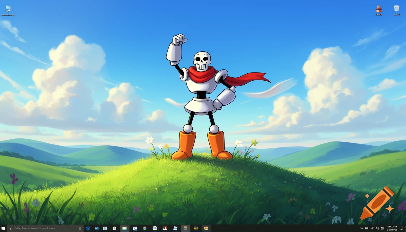 Digital illustration of Papyrus from Undertale standing triumphantly on a grassy hill against a blue sky with clouds, in a Windows XP wallpaper style.