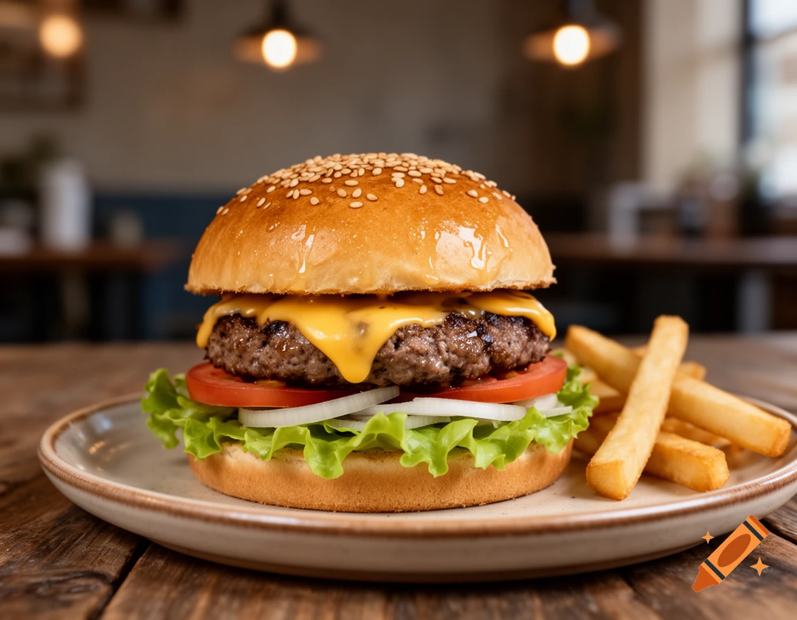 Photorealistic cheeseburger with lettuce, tomato, and onion on a plate with french fries.