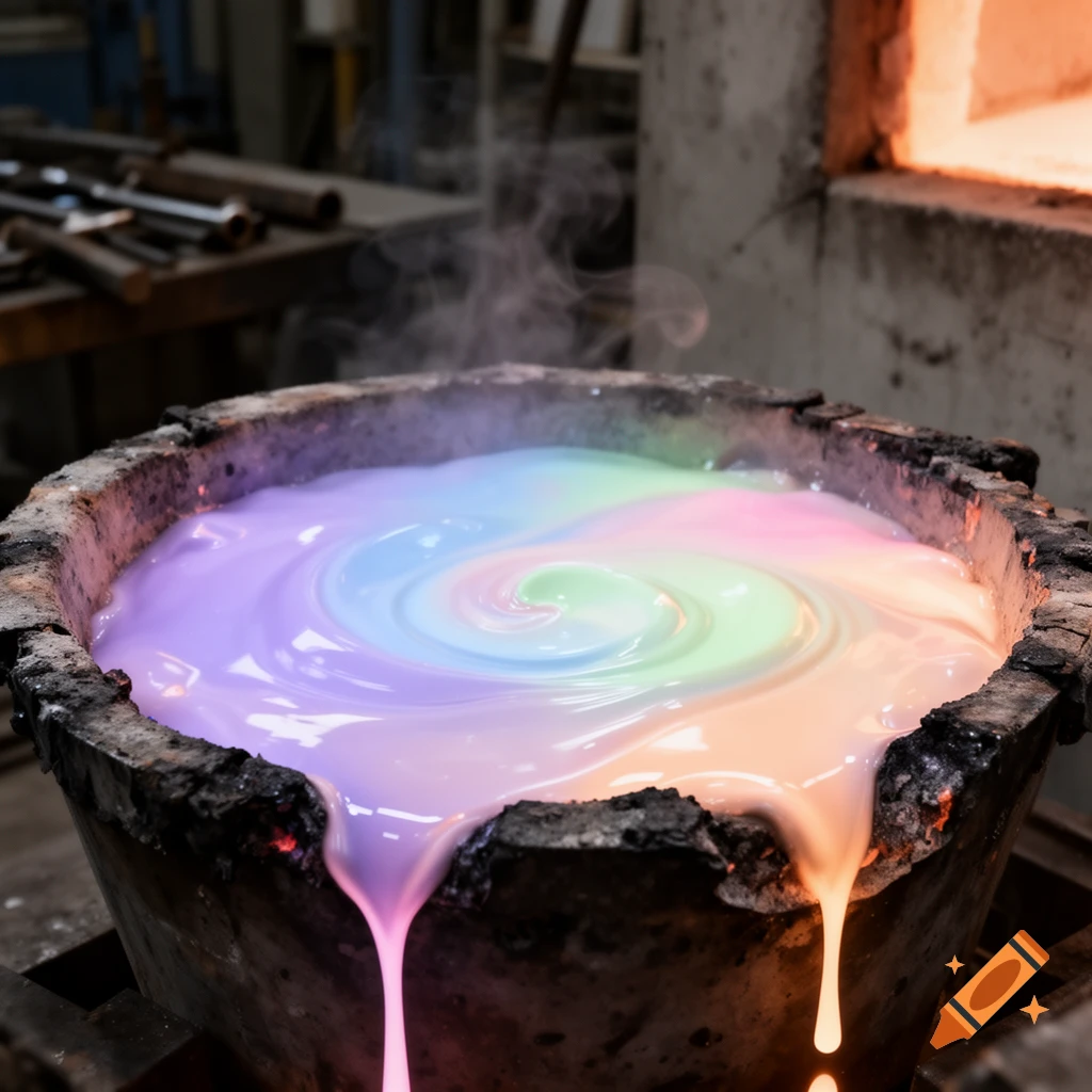 A rustic industrial crucible filled with a swirling mixture of pastel-colored liquid metal.