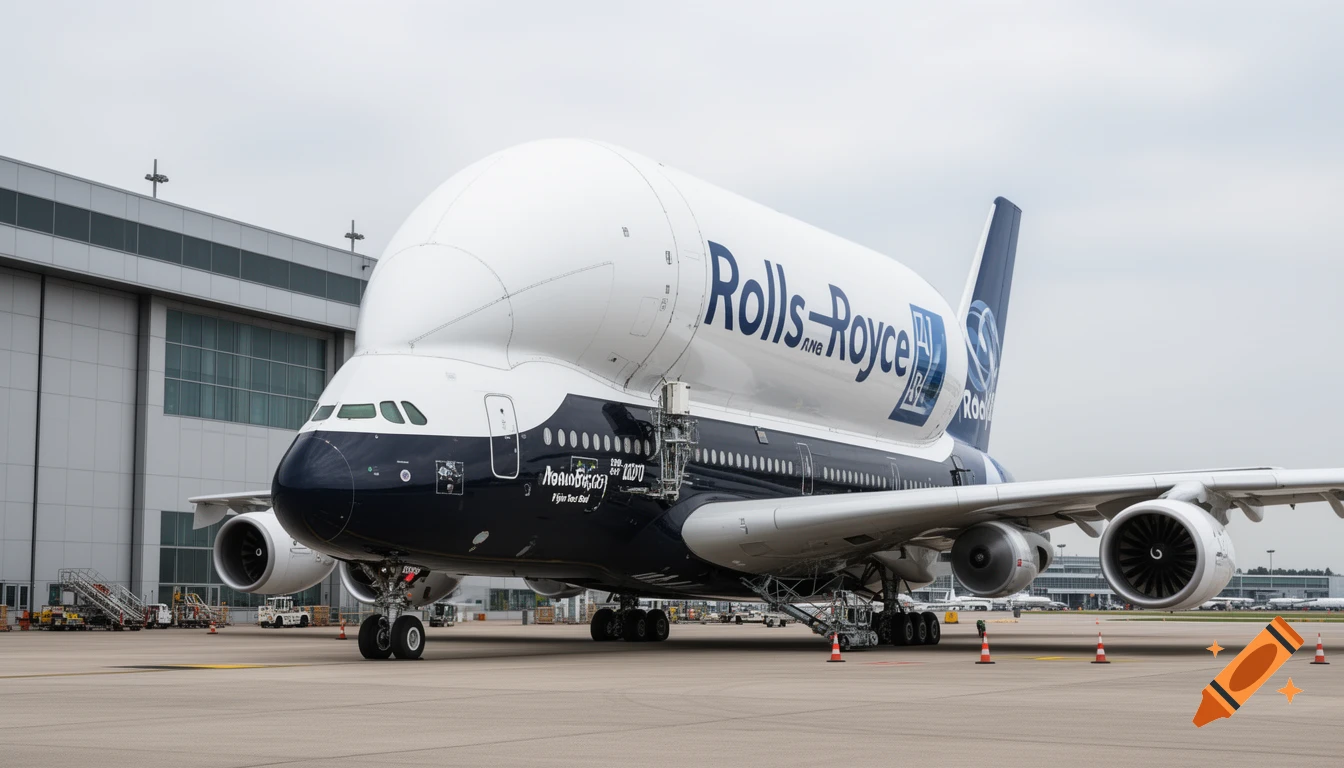 Photorealistic image of a custom Airbus A380 MegaBeluga with Rolls-Royce livery parked on an airport tarmac.