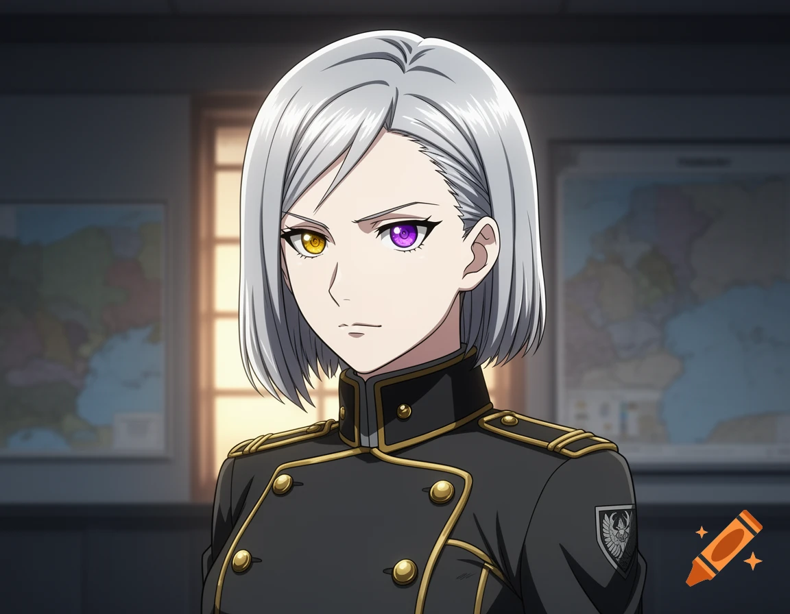 Anime style portrait of an adult woman with silver hair, one golden eye, and one purple eye, wearing a dark military uniform.
