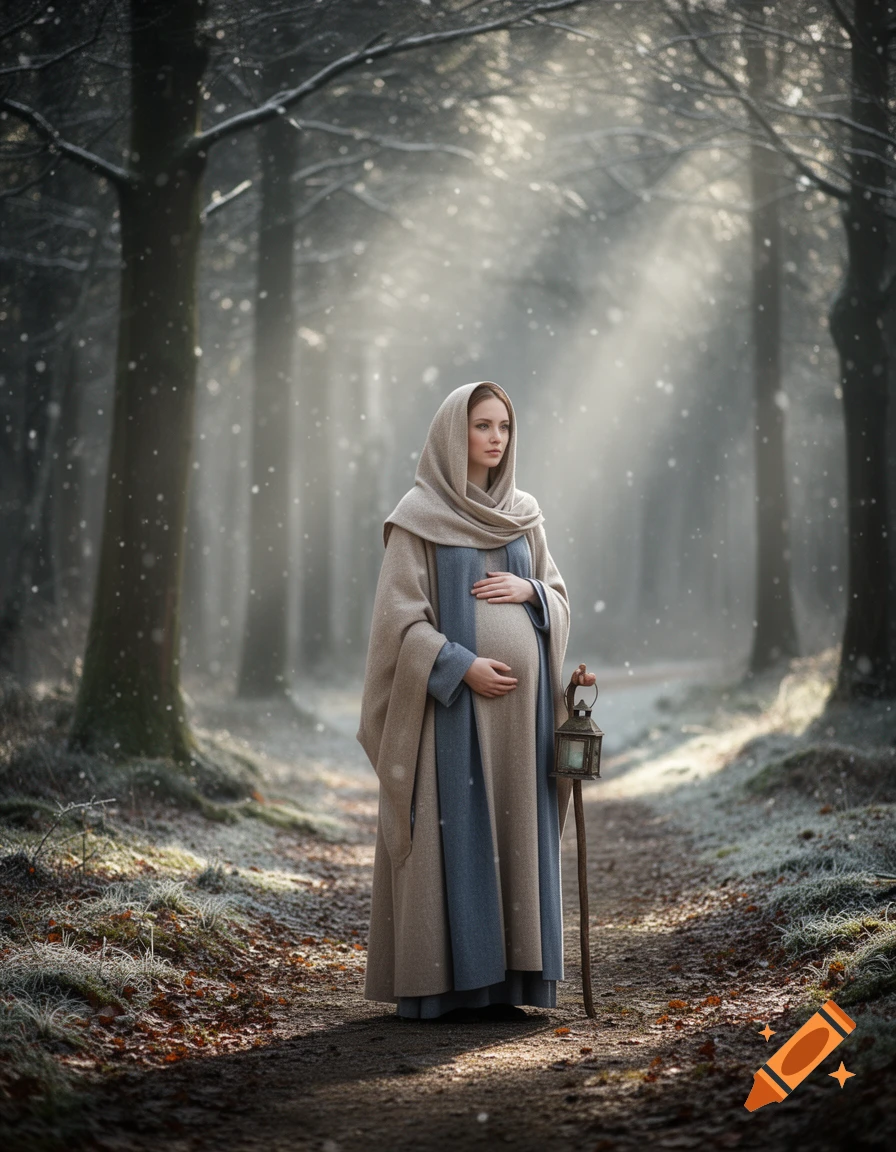 Photorealistic image of a pregnant priestess in a hooded robe walking along a snowy forest path while holding a lantern.