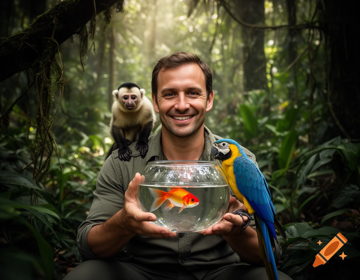 Photorealistic medium shot of a smiling man in a jungle holding a goldfish bowl, with a monkey on his shoulder and a parrot on his hand.