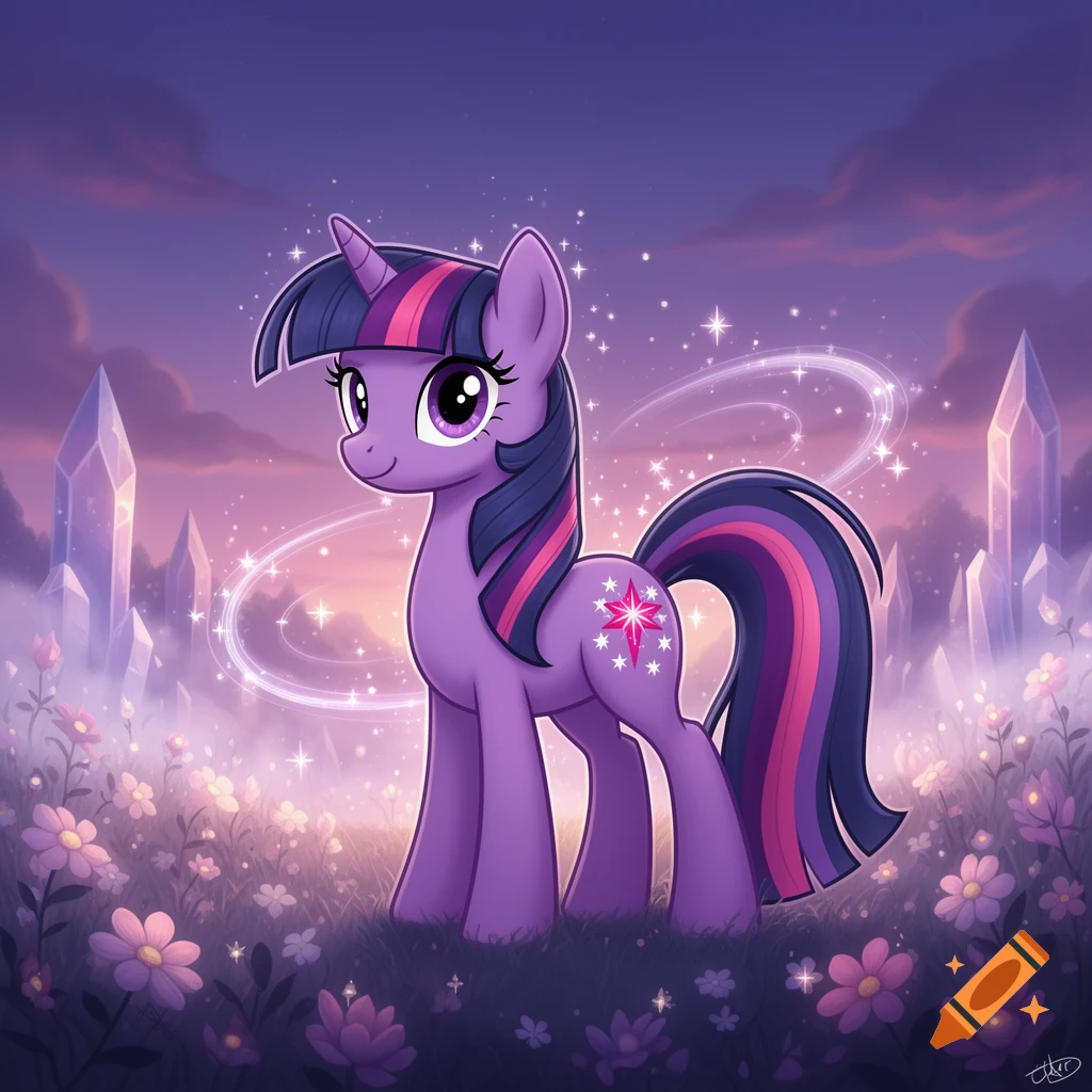 Digital illustration of Twilight Sparkle, a purple unicorn pony from My Little Pony, standing in a magical field of glowing flowers at sunset.