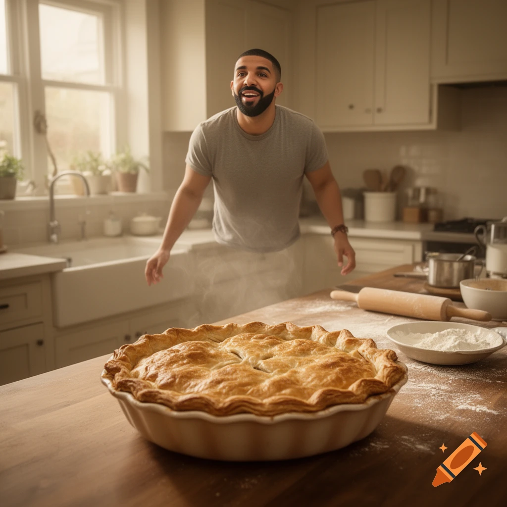 Photorealistic image of Drake floating in a kitchen, drawn by the smell of a freshly baked pie on the counter.