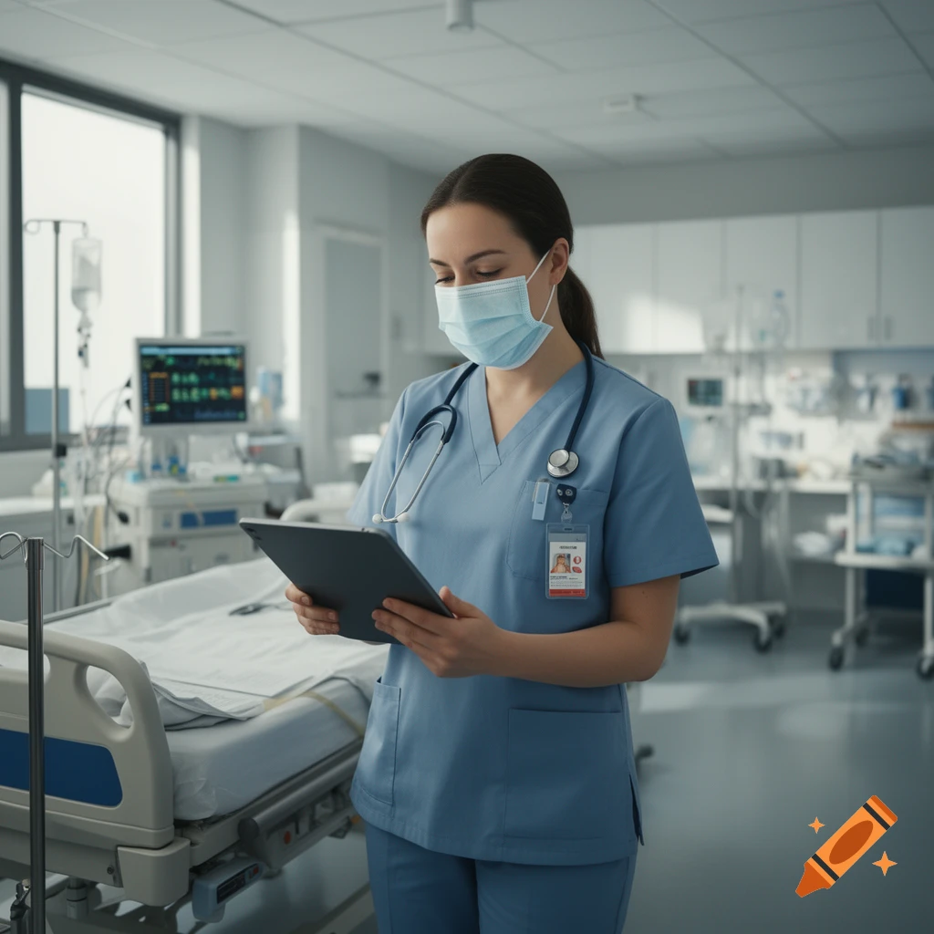 Photorealistic image of a nurse wearing scrubs and a face mask, holding a tablet in a hospital room.