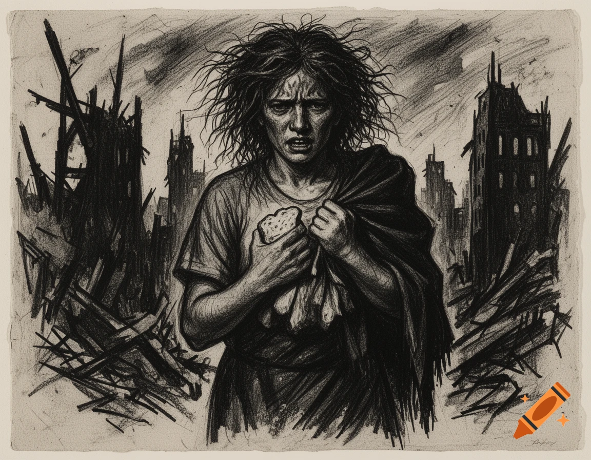 Charcoal and graphite sketch of a distressed teenage girl holding a piece of bread amid city ruins.