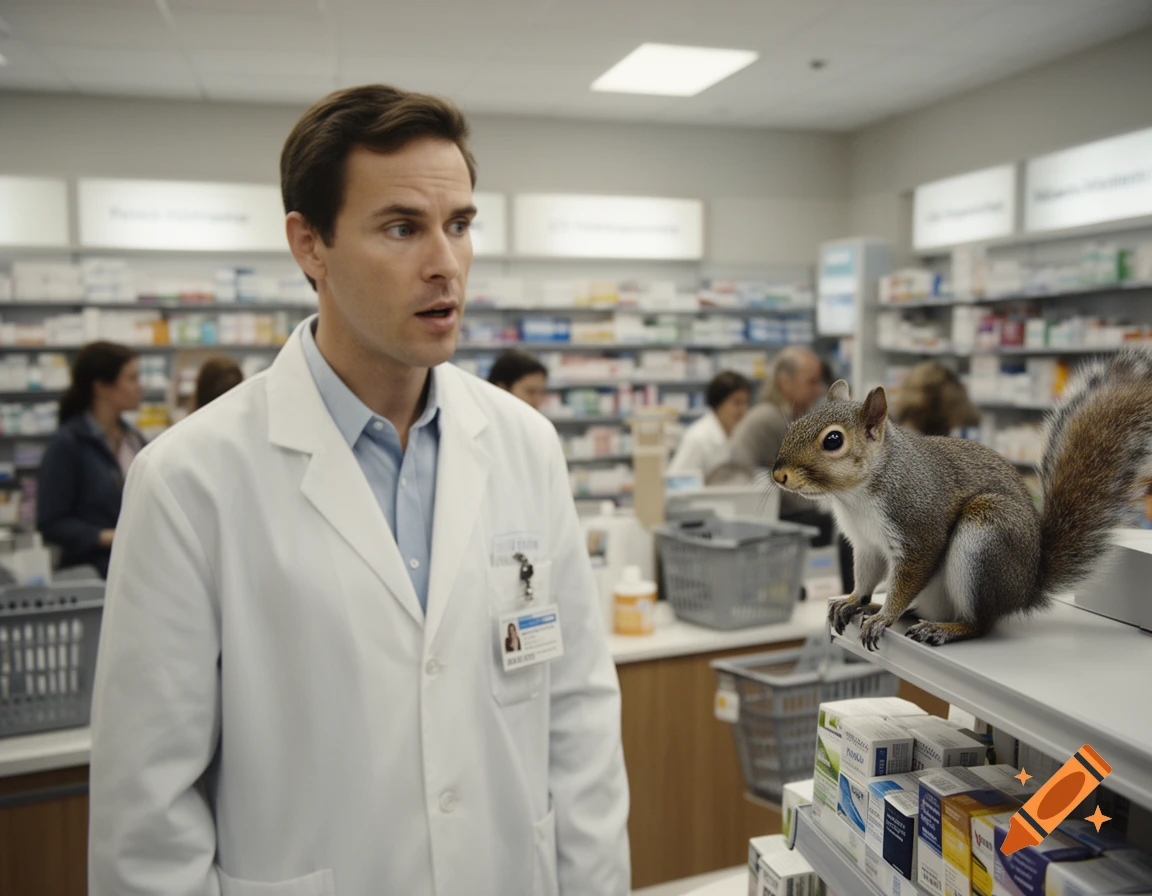 Photorealistic image of a male pharmacist looking surprised at a squirrel sitting on a pharmacy shelf.