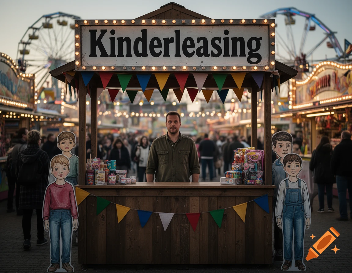 Photorealistic scene of a man standing behind a wooden stall with a sign reading 'Kinderleasing' at a festive amusement park.