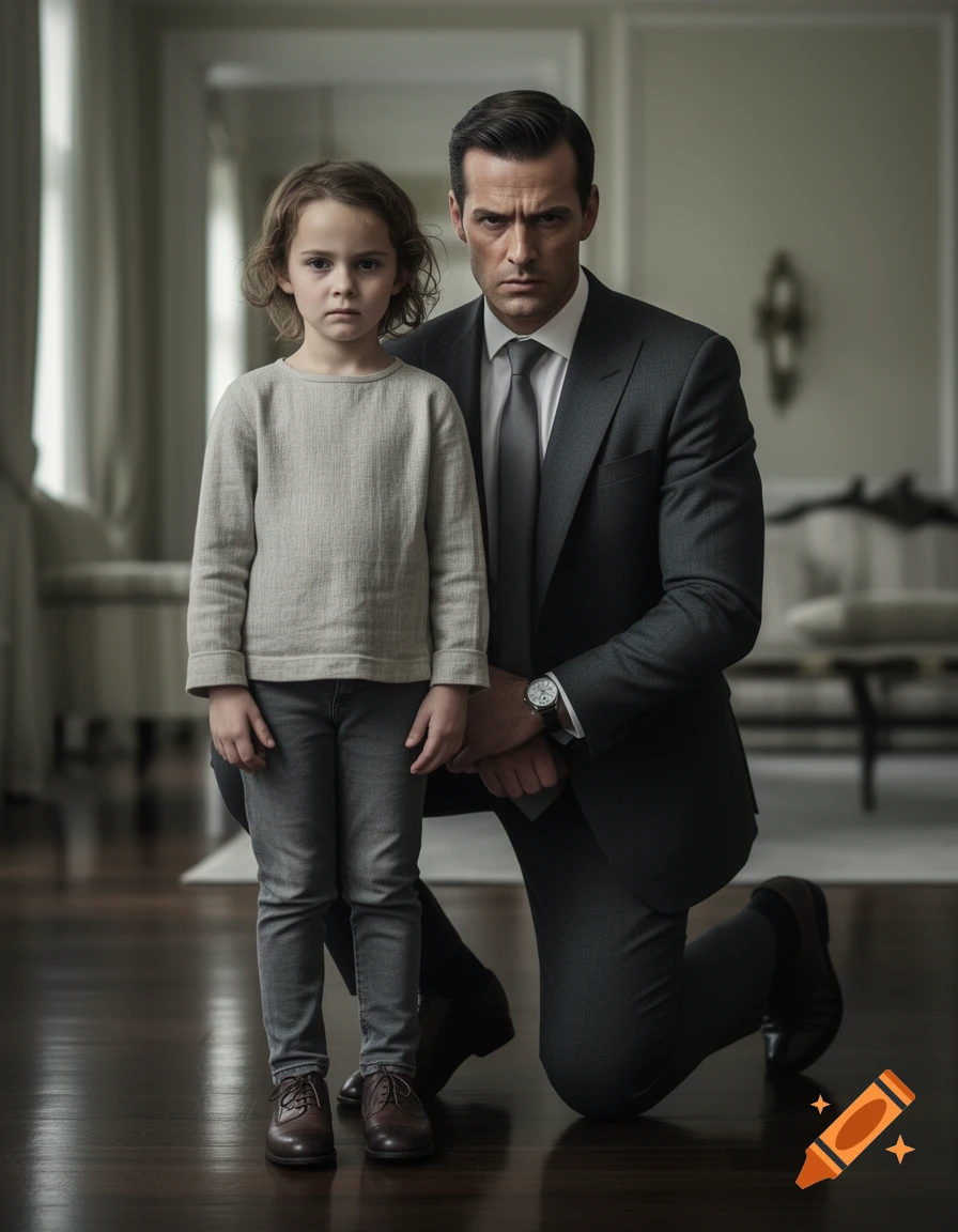 Photorealistic portrait of a rich father in a tailored suit kneeling coldly beside a young girl standing in an elegant interior.