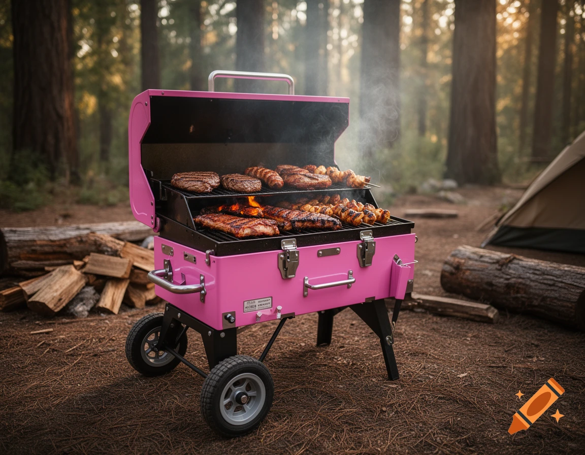 Photorealistic image of a bright pink charcoal barbecue grill filled with grilled meats, set in a scenic forest campsite.