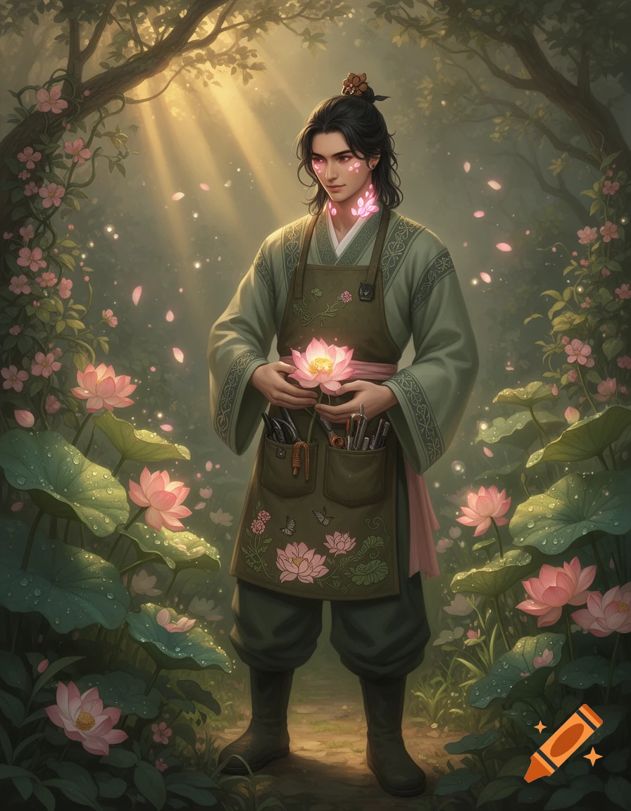 Digital illustration of a young man with long dark hair, wearing a green hanfu and work apron, holding a pink lotus flower in a lush garden.