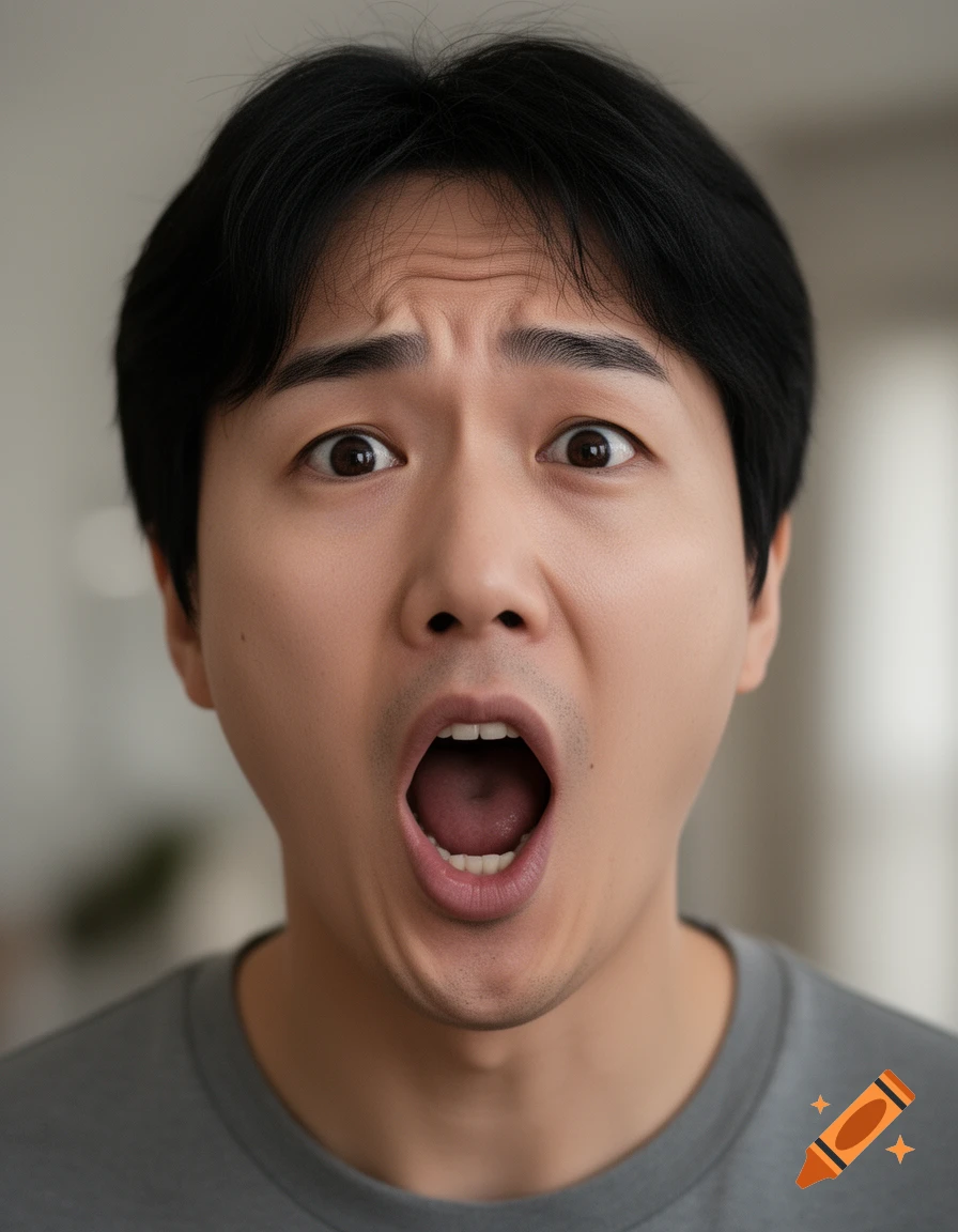 Close-up photorealistic portrait of an Asian man with black hair, wide eyes, and an open mouth shouting in surprise.