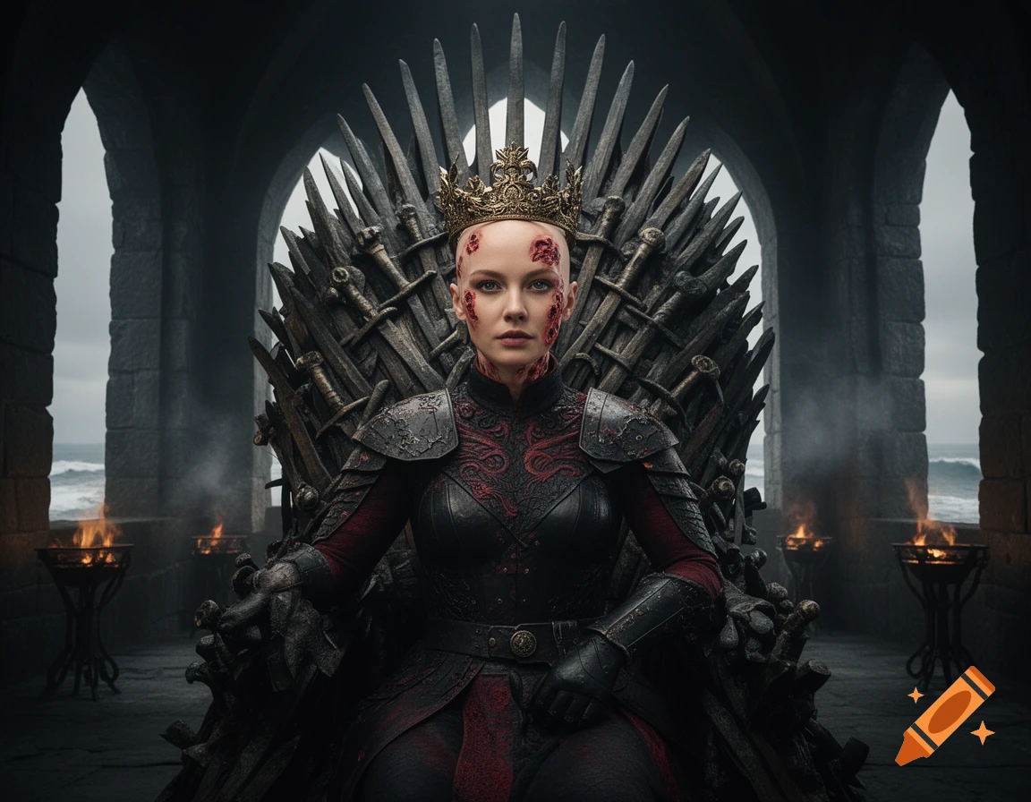 Photorealistic depiction of a bald queen with facial scars wearing a crown and armor, sitting on the iron throne.