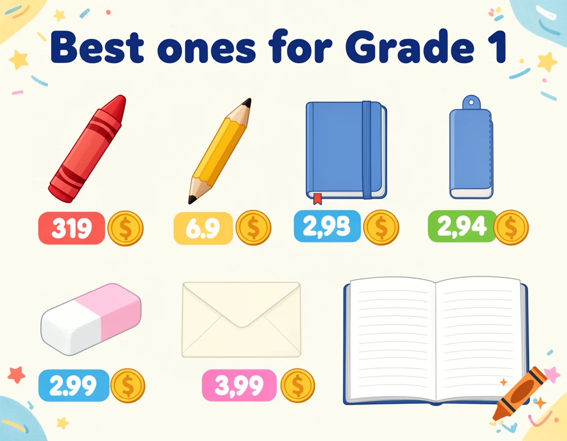 Digital illustration of school supplies including a crayon, pencil, notebooks, eraser, and envelope with price tags.