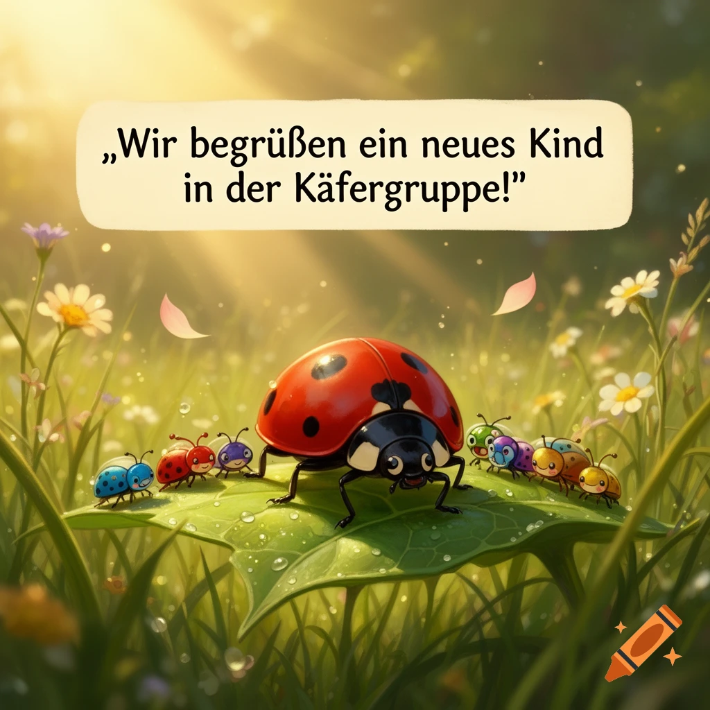 A large ladybug and several smaller colorful cartoon ladybugs on a green leaf in a sunny meadow with a German welcome sign.