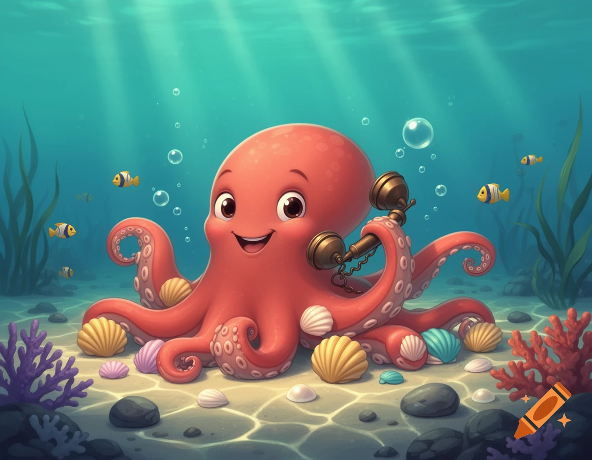 Digital illustration of a friendly orange octopus on the ocean floor talking on a vintage telephone, surrounded by seashells and coral.