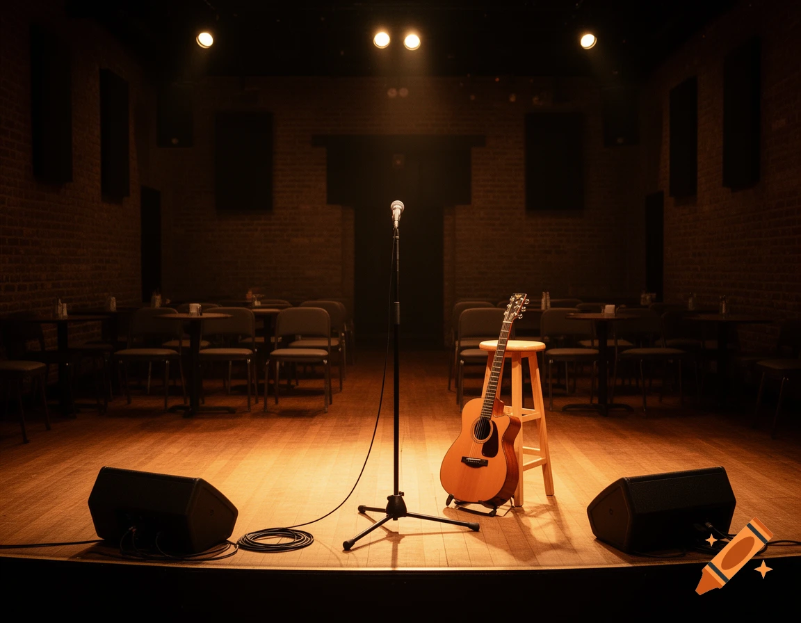An empty stage lit by overhead spotlights, featuring a microphone stand, an acoustic guitar on a stool, and two floor monitors on a wooden floor.