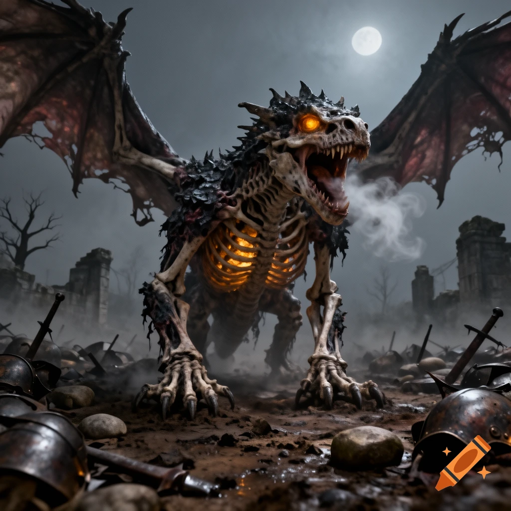 Undead dragon with glowing orange eyes and chest in a battlefield with debris under a full moon, photorealistic.