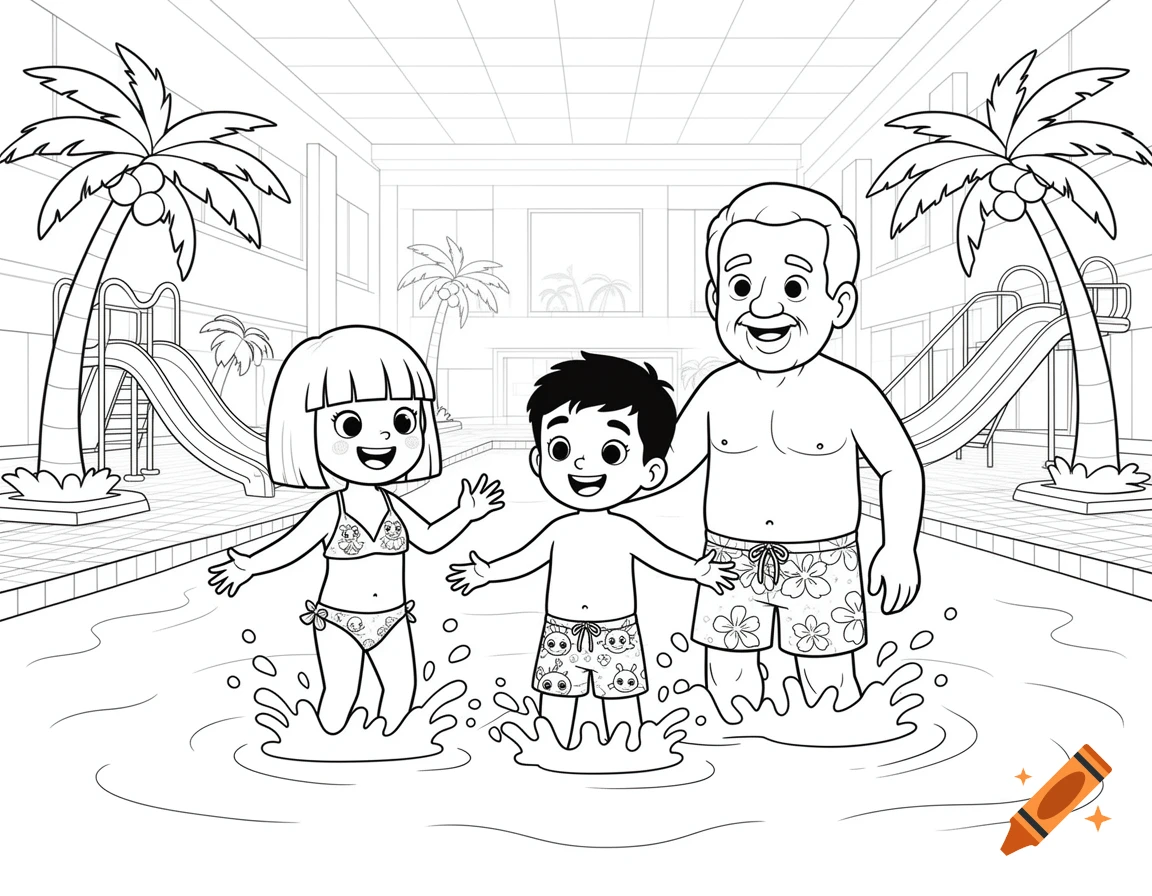 Black and white coloring page of a grandfather, a young boy, and a young girl splashing in an indoor swimming pool with palm trees.