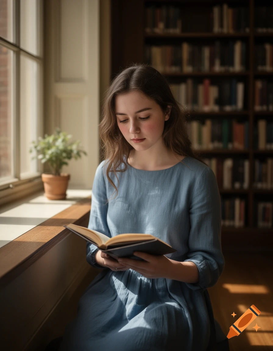Photorealistic image of a shy young woman in a blue dress reading a book by a window in a library.