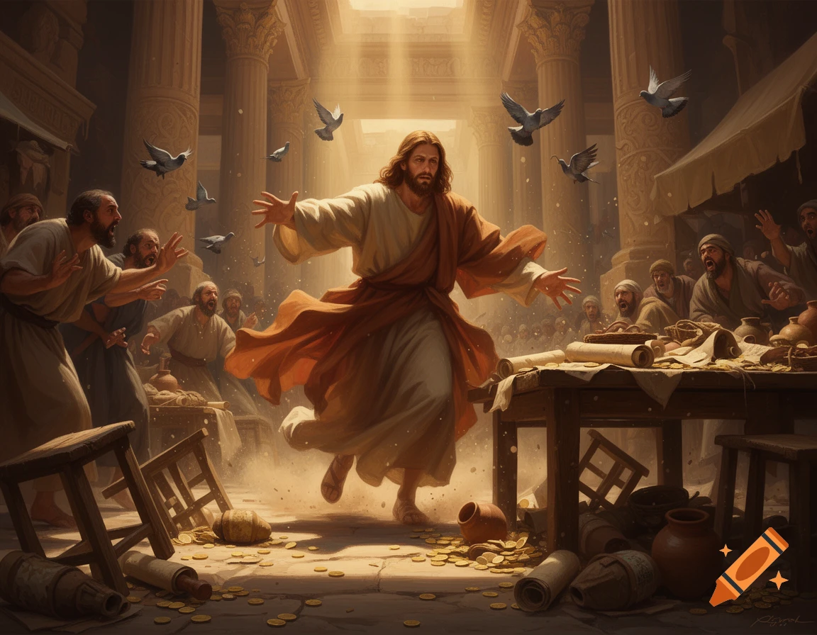 Jesus flipping over tables and scattering money in a temple while people look on in shock, digital painting style.