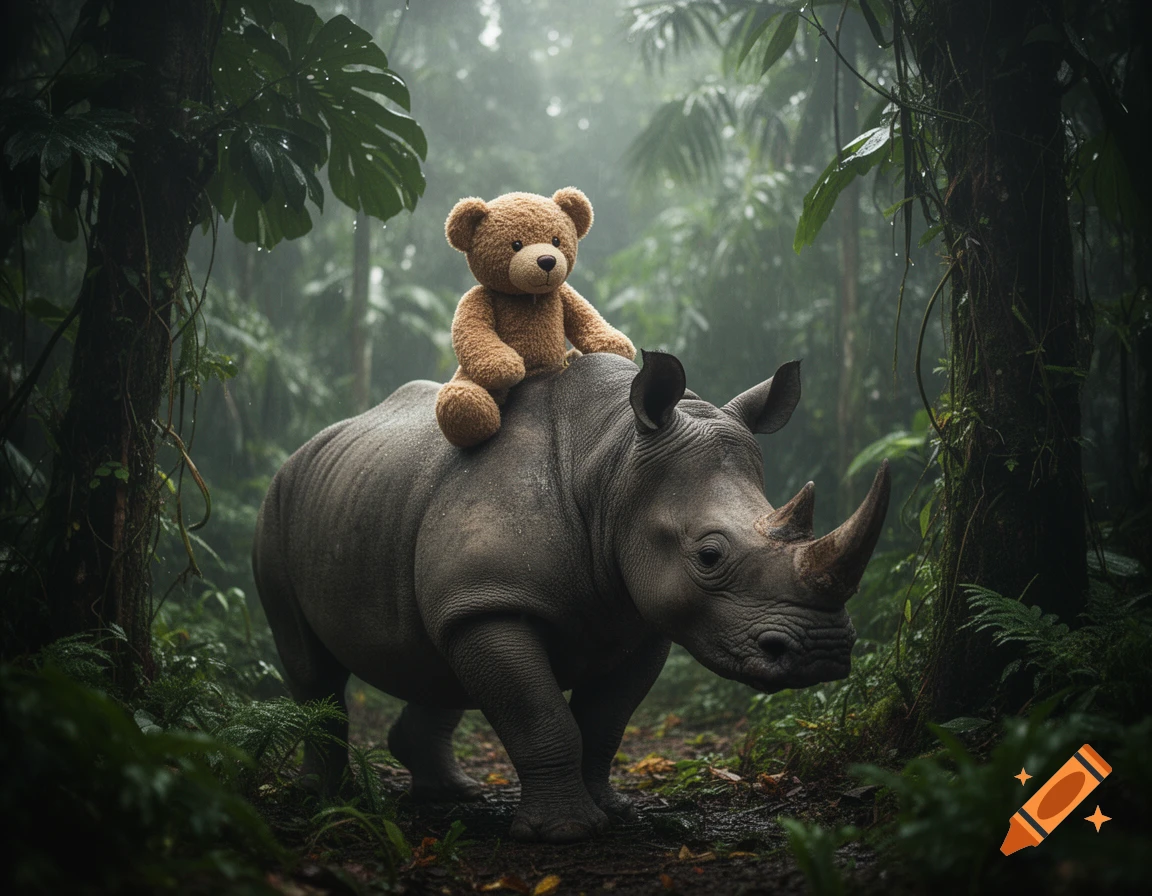 Photorealistic image of a teddy bear riding a rhinoceros through a lush, misty rainforest.