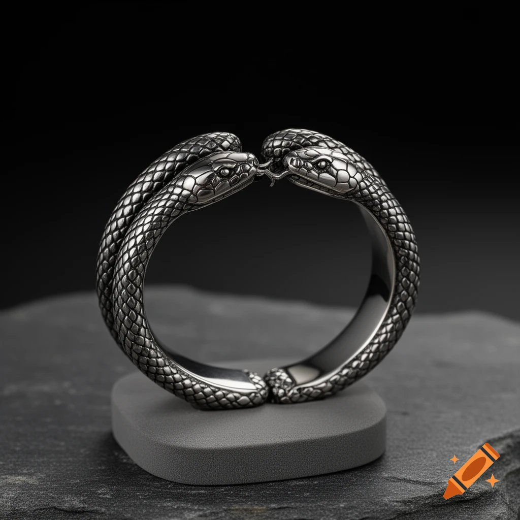Photorealistic metal bracelet featuring two intertwined snakes with detailed scales, resting on a gray stone surface against a dark background.