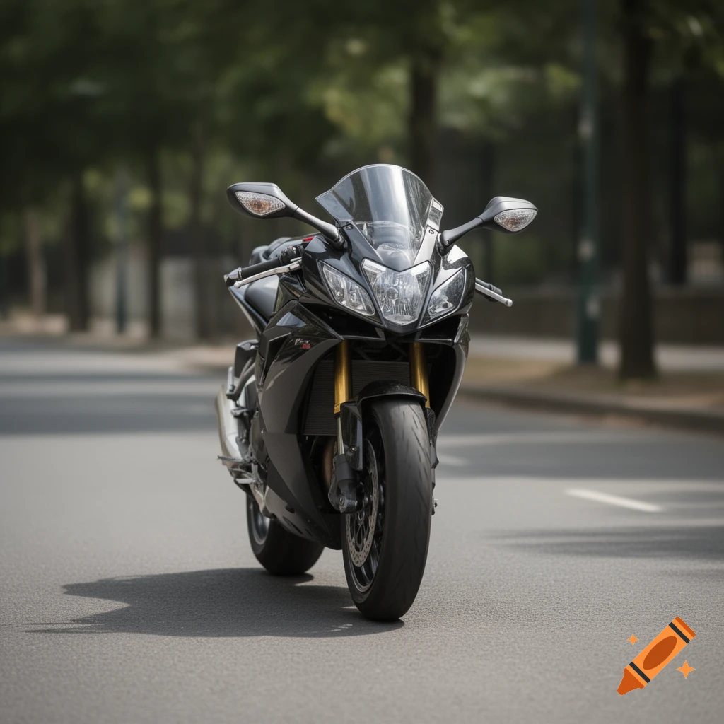 Photorealistic shot of a black sport motorcycle parked on an asphalt road lined with trees.