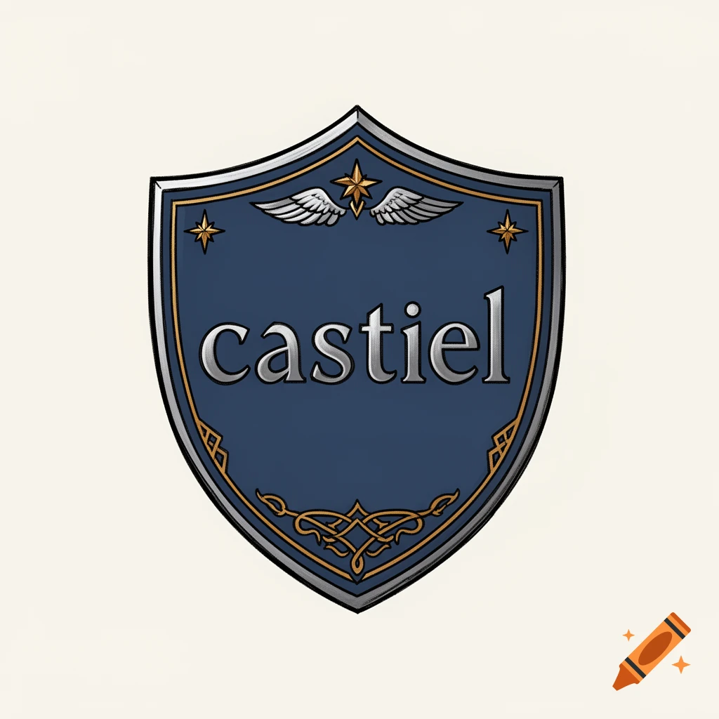 Blue shield emblem with silver border, wings, stars, and the word castiel written in silver text.