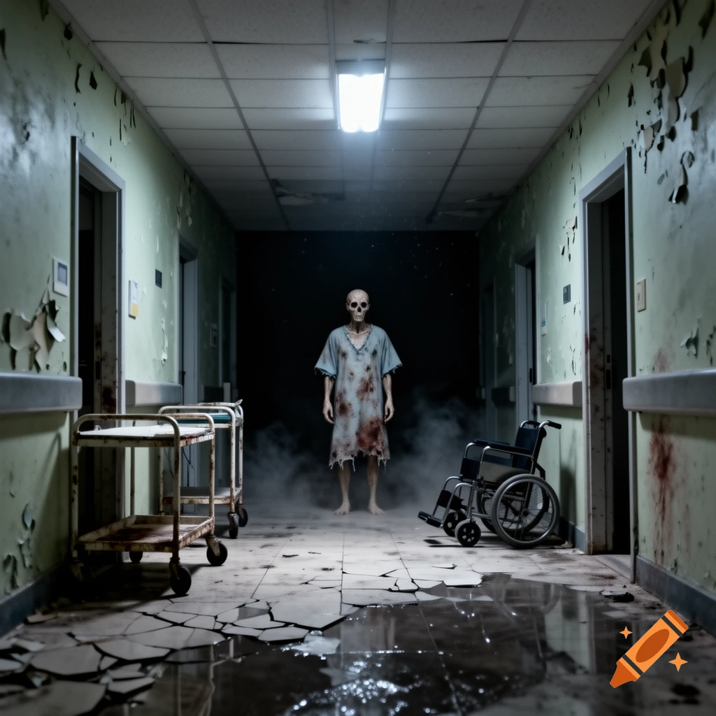 A photorealistic horror scene in a dilapidated hospital hallway with a skeleton in a patient gown standing in the center.