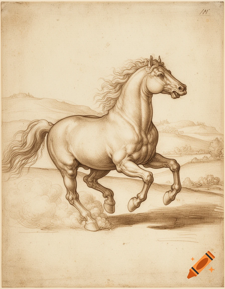Sepia-toned Renaissance-style drawing of a running horse in a landscape.