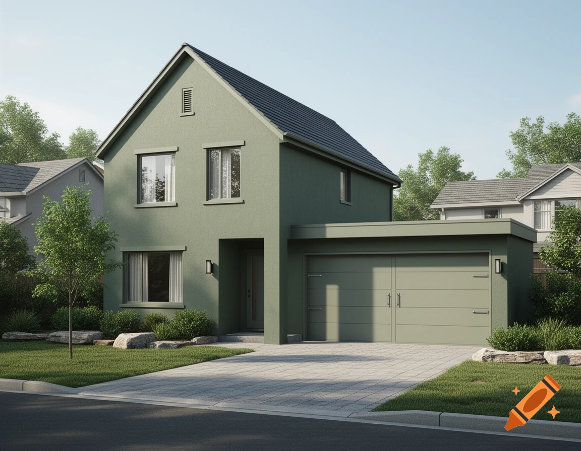Photorealistic image of a modern green two-story house with a pitched roof and an attached flat-roof double garage.