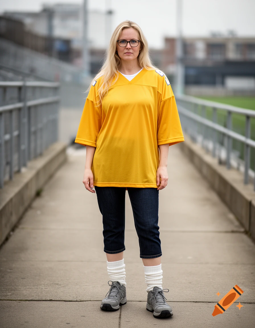 Full-length photograph of a blonde woman wearing glasses, a yellow football jersey, dark denim capris, white leg warmers, and gray trainers outdoors.