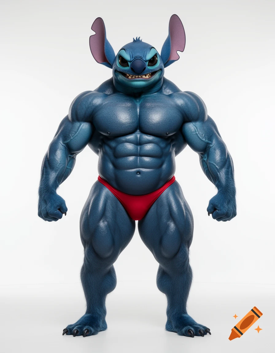 Hyper-realistic full-body image of Stitch from Lilo & Stitch depicted as an extreme, heavily muscled bodybuilder wearing a red posing thong.