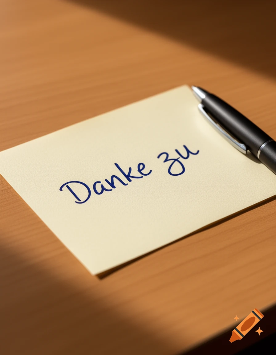 A handwritten note saying Danke zu on a wooden desk next to a black pen, photorealistic.