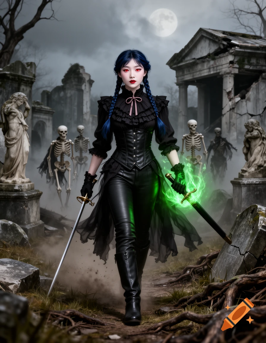 An Asian female dhampir with blue braided hair and red eyes walking in a ruined cemetery with skeleton warriors, holding a sword. Semi-realistic style.