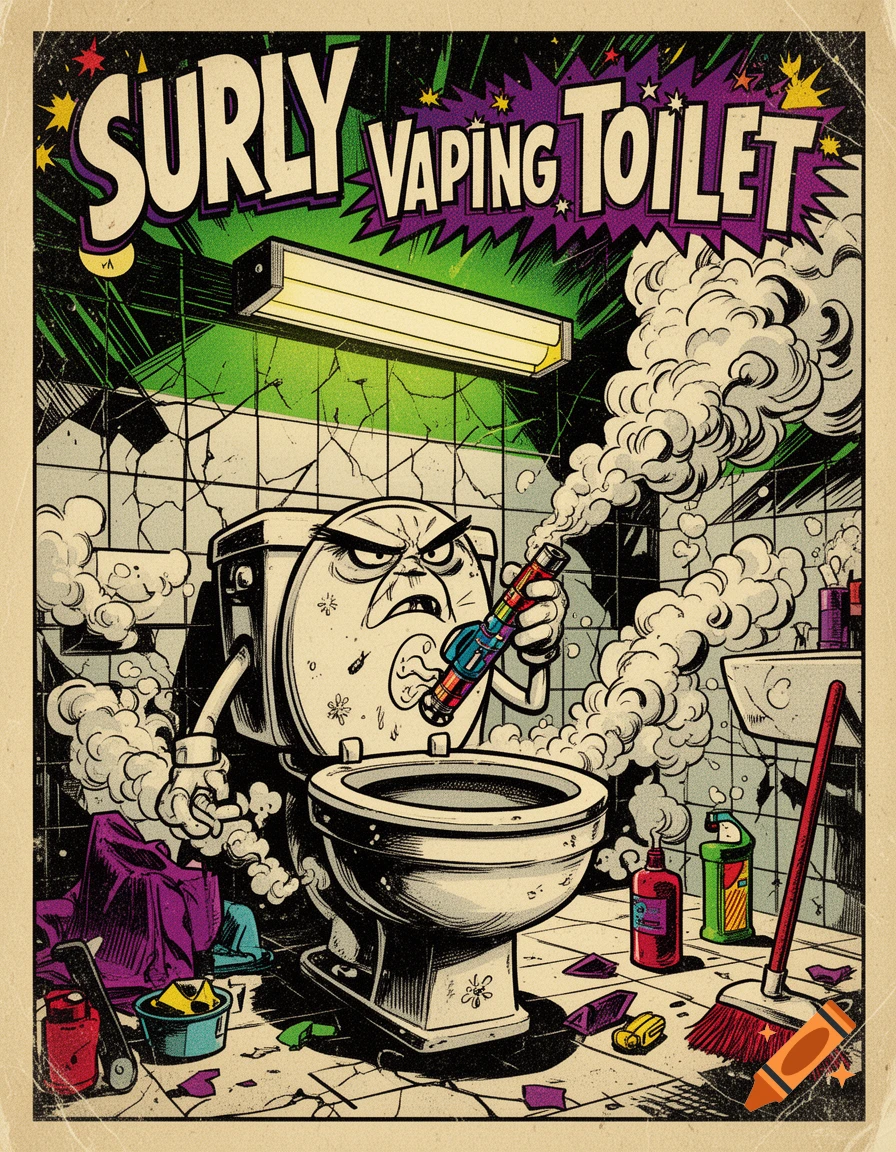 Retro comic book cover featuring an angry, anthropomorphic toilet vaping in a messy public restroom.
