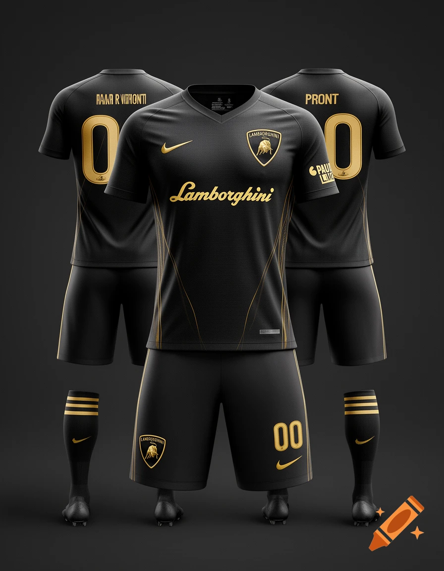 Product display of a matte black and gold Lamborghini-themed soccer jersey, shorts, and socks against a dark background.