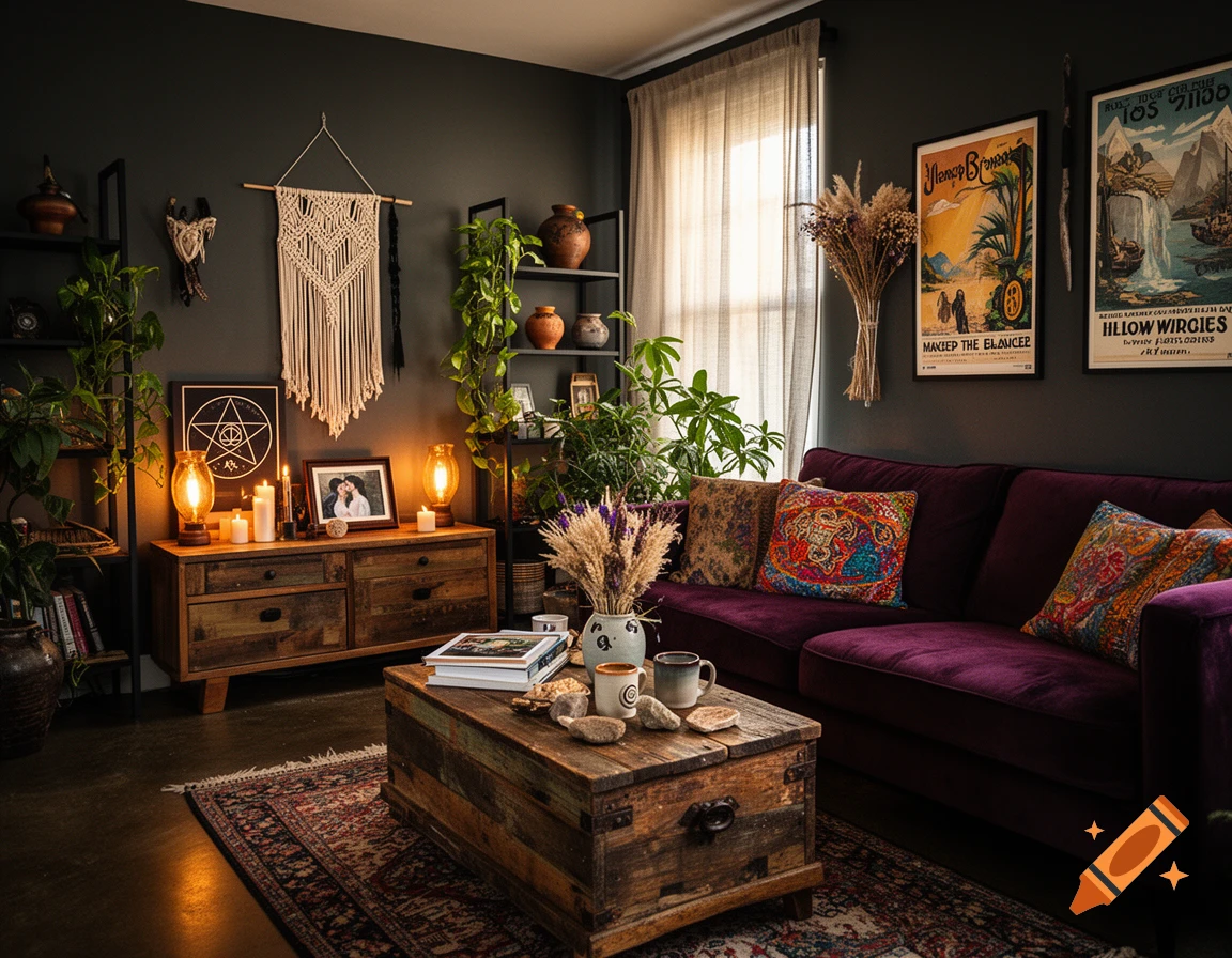 A cozy living room decorated with a mix of goth and hippie styles, featuring a purple velvet sofa, plants, and vintage posters.