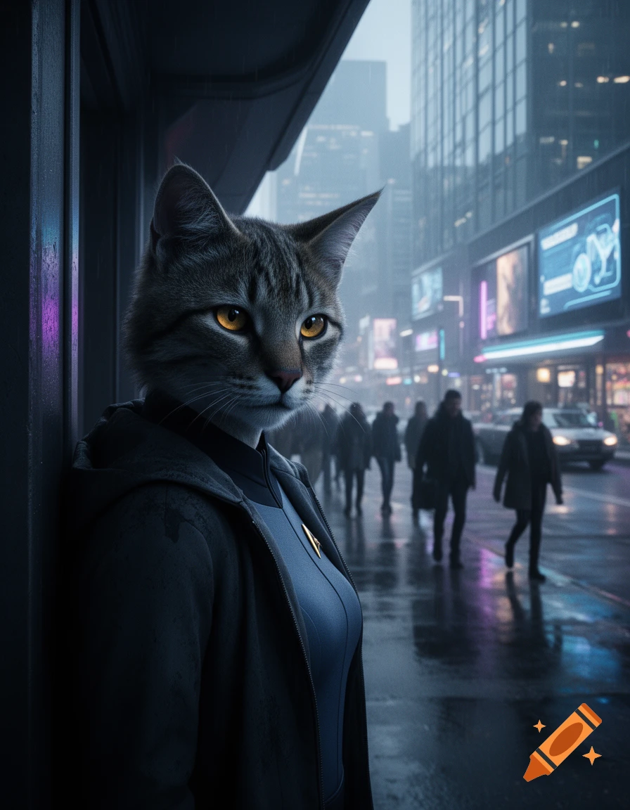 Photorealistic image of a humanoid cat in a dark jacket standing in a rainy cyberpunk city street at dusk.
