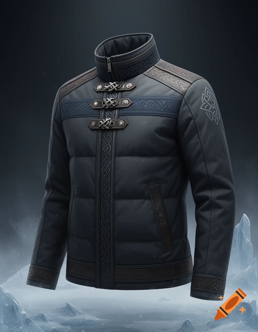 Dark modern winter jacket with Nordic-style patterns and decorative buckles, floating against a snowy mountain backdrop.