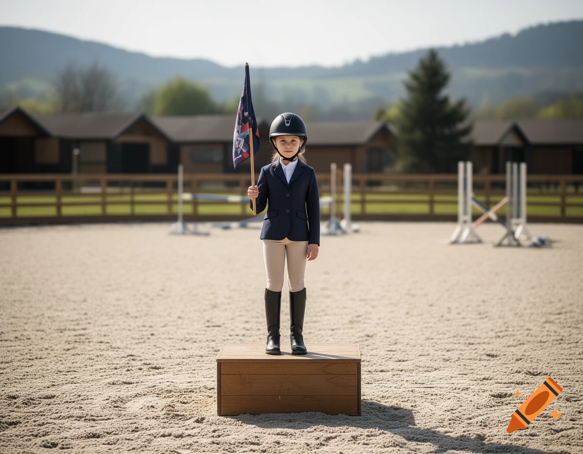 Photorealistic image of a young girl in riding gear standing on a wooden podium holding a small flag on a riding arena.