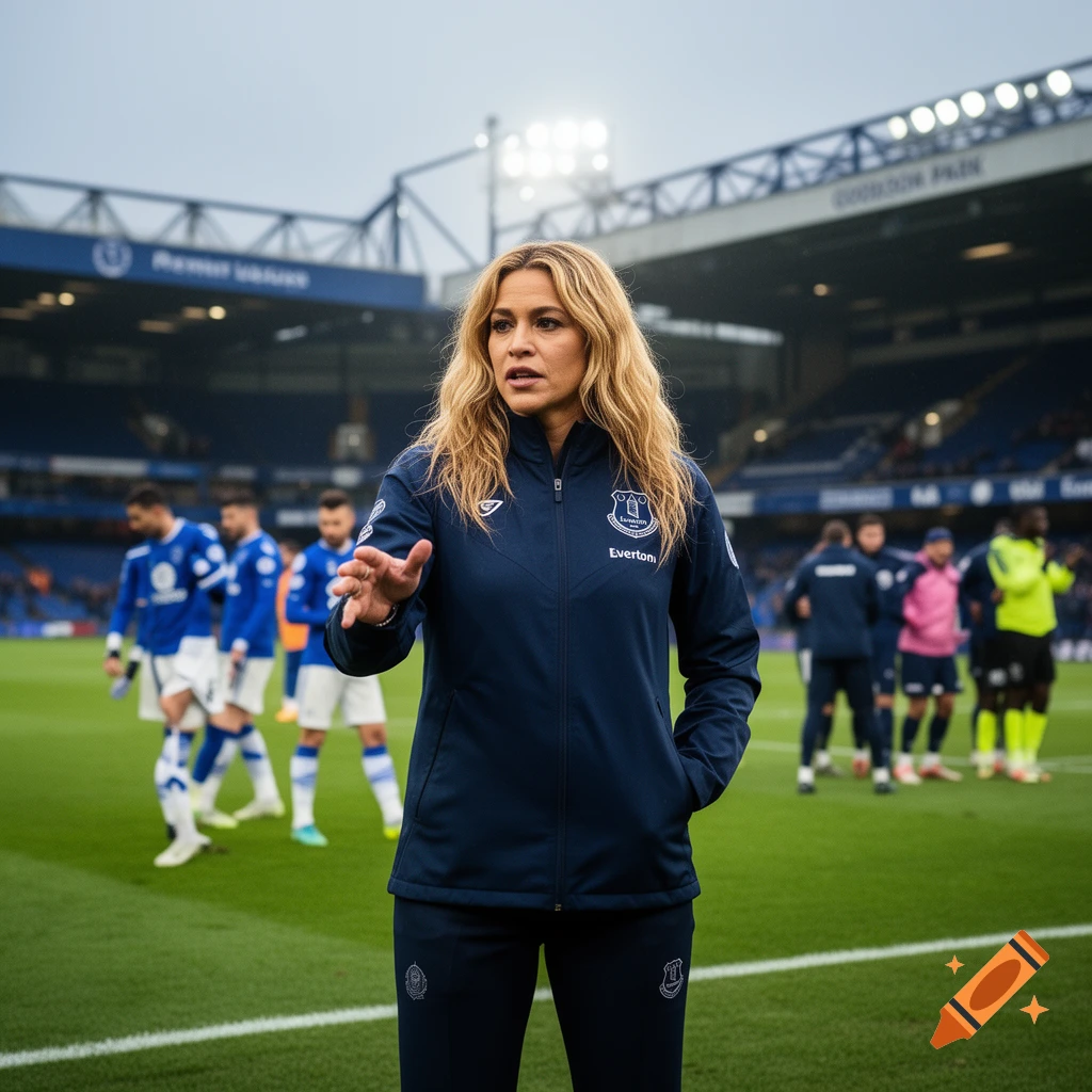 Photorealistic image of singer Shakira as manager of Everton football club on the pitch.