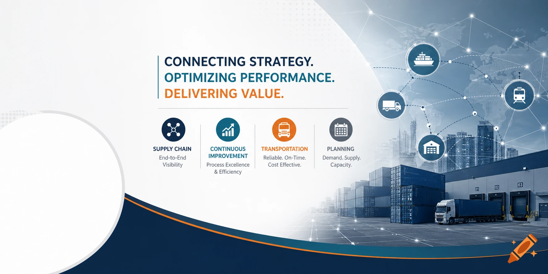 Professional LinkedIn banner for supply chain and logistics with icons, cargo containers, and a map background.